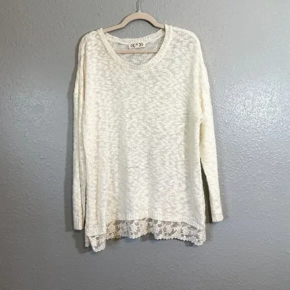 Pink Rose Boutique Womens 1X Plus White Lace Sweater Long Sleeve Shirt Neck Top - Picture 8 of 8